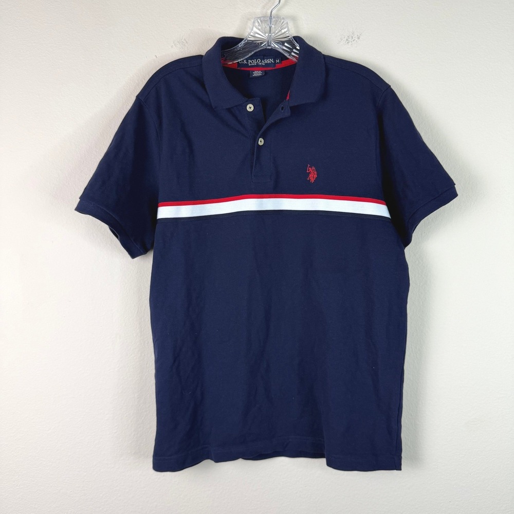 US Polo Assn Polo Shirt Mens M Navy Blue Chest Stripe Short Sleeve Cotton Logo